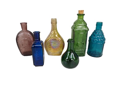 6 Vintage 1970s Colored Glass Bottles incl Wheaton