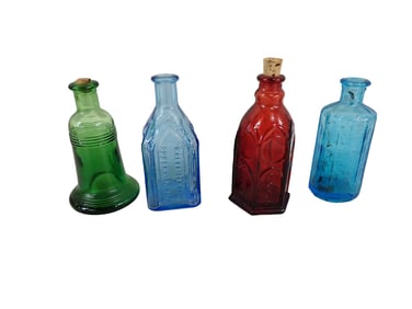 4 Vintage 1970s Wheaton Colored Glass Bottles incl 2 Blue, 1 Red, 1 Green