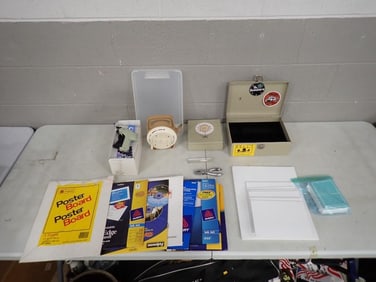 Misc. lot including Cashboxes, Specialty Printing Paper, Vintage Snapit Power Strip, Price Tagging G