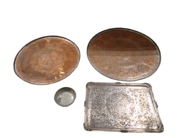 3 Vintage Metal Trays with Intricate Designs and a Small Bowl