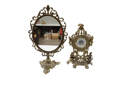 Vintage Ornate Baroque Revival Style Clock and Vanity Mirror