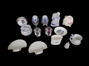Lot of Porcelain incl Egg Trinket Boxes, Elephant Salt and Pepper Shakers, Shell Dishes, etc