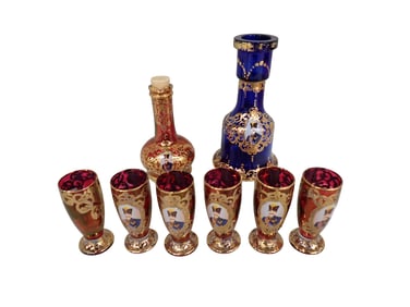 Bohemian or Persian Style Glasses Featuring Naser Al-din Shah Qajar Persian Czar Portrait
