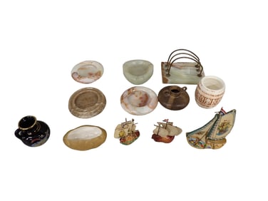 Home Decor Lot incl Small Pottery Vase, Carved Stone Ashtrays or Trinket Dishes, Ship Clog Figures,