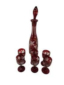 Vintage Red Cut to Clear Glass Decanter Set incl Decanter and 6 Stemware Liquor Glasses