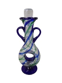 Art Glass Vase or Decorative Decanter Blue and Green Swirl with Applied Glass Handles