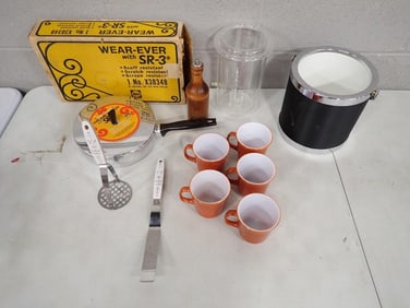 New Wear-Ever Non Stick 8" Fry Pan with Box, Orange Pyrex Coffee Mugs, Ice Bucket, etc.