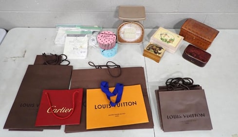 Misc. Lot including Vintage Postage Scale, Cartier and Louis Vuitton Shopping Bags, Music Box, Misc.