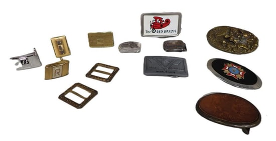 Assorted Belt Buckle Lot including The Red Baron, VFW, Sky Climber, Vintage Bowling, Bulldozer,