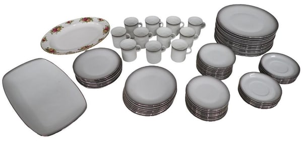 Large Lot of Rosenthal Evansong Plates, Cups, Serving Tray, etc. Roughly 67 pieces plus a Royal
