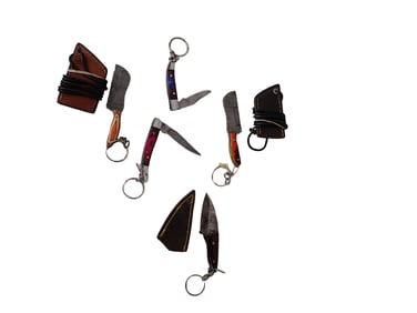 3 Small Knives with Leather Sheaths and 2 Folding Pocket Knives