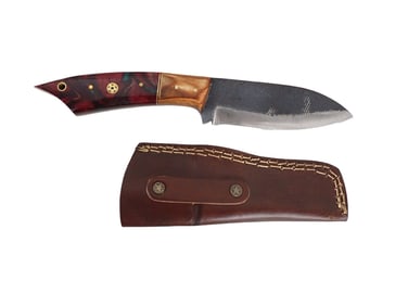 Knife with Leather Sheath and Wood Handle