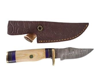 Knife with Leather Sheath and Wood Handle