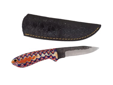 Knife with Leather Sheath and Wood Handle