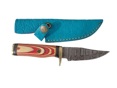 Knife with Leather Sheath and Wood Handle