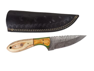 Knife with Leather Sheath and Wood Handle