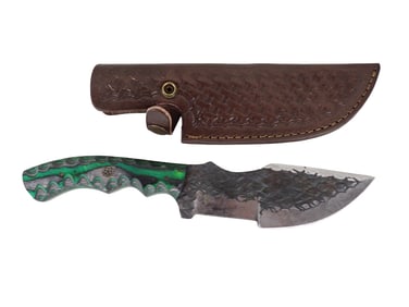 Knife with Leather Sheath and Wood Handle