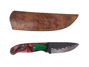 Knife with Leather Sheath and Wood Handle