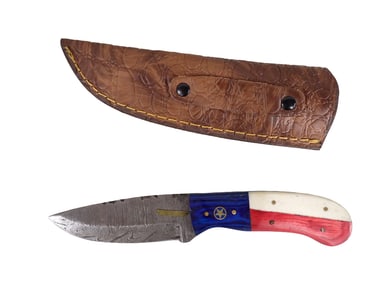 Knife with Leather Sheath and Wood Handle Red White and Blue