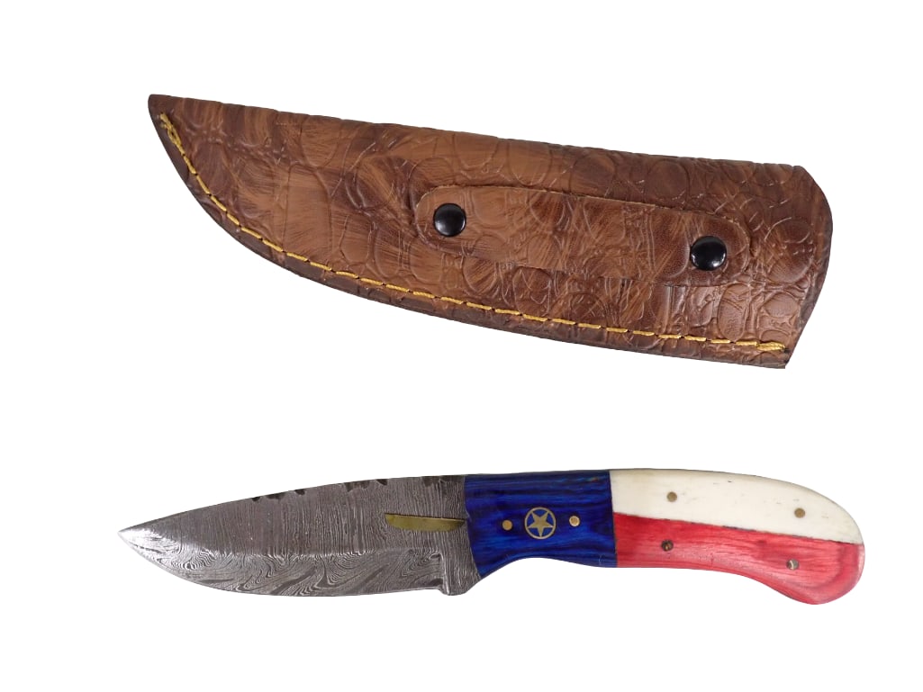 Knife with Leather Sheath and Wood Handle Red White and Blue (1 of 6)