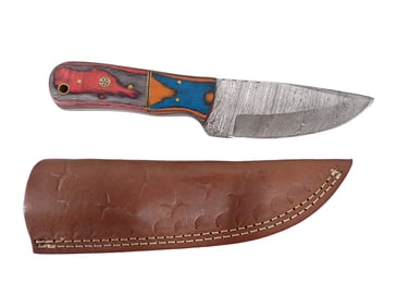 Knife with Leather Sheath and Wood Handle