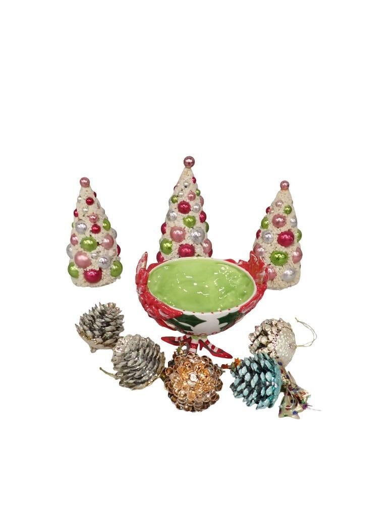 Christmas Decor Lot including Department 56 Krinkles Poinsettia Bowl, Pinecones, trees, (1 of 6)