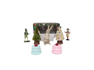 Holiday Decor Lot including Fake Cakes with cherries on top, Easter Bunny, Frog, Christmas Tree, Cat