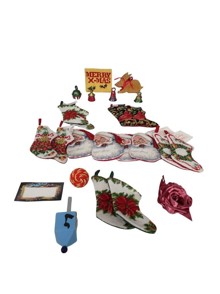 Assorted Christmas Lot, etc. including Stockings, Bells, Santa, Dreidel, Hand Stitched, etc.: Assorted Christmas Lot, etc. including Stockings, Bells, Santa, Dreidel, Hand Stitched, etc. All pictures are considered part of the description and should be examined carefully by bidders. Live Aucti