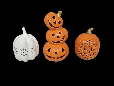 3 Ceramic Pumpkins or Jack O Lanterns Halloween or Autumn / Fall Decorations