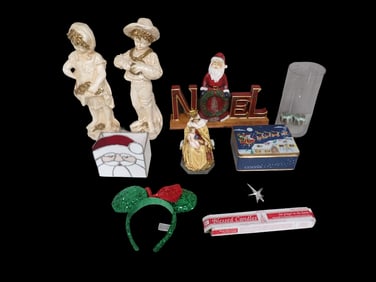 Mostly Christmas Lot incl Stained Glass Santa Box, Santa Noel, Christmas Figurine, etc
