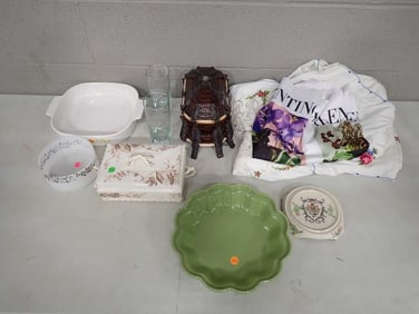 Misc incl Cross Stitch Linen, Porcelain Serving Dish, Pottery, Casserole Dish, Glass, Etc