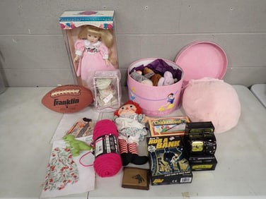 Misc incl Franklin Football, Vintage Toy Bank, Beanie Babies, Dolls, Games, Etc