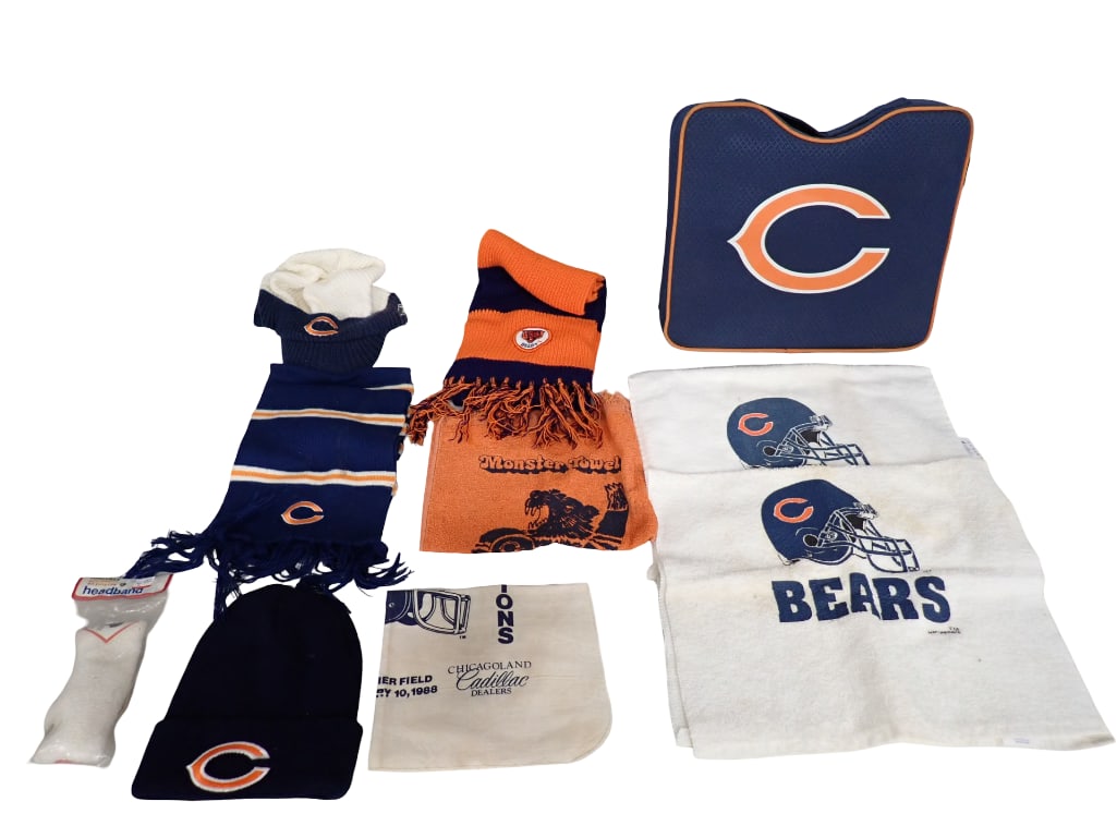 Chicago Bears Lot incl Scarves, Seat Cushion, Stocking Cap, Towels, Headband, Etc: Chicago Bears Lot incl Scarves, Seat Cushion, Stocking Cap, Towels, Headband, Etc All pictures are considered part of the description and should be examined carefully by bidders. Live Auctioneers is n
