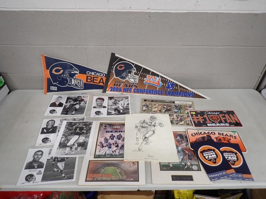 Chicago Bears Lot incl Pennants, Football Cards, Prints, Novelty License Plates, Etc: Chicago Bears Lot incl Pennants, Football Cards, Prints, Novelty License Plates, Etc All pictures are considered part of the description and should be examined carefully by bidders. Live Auctioneers i