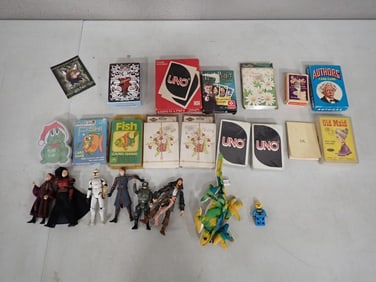 Lot of Small Toys incl Action Figures and Playing Cards. Cards