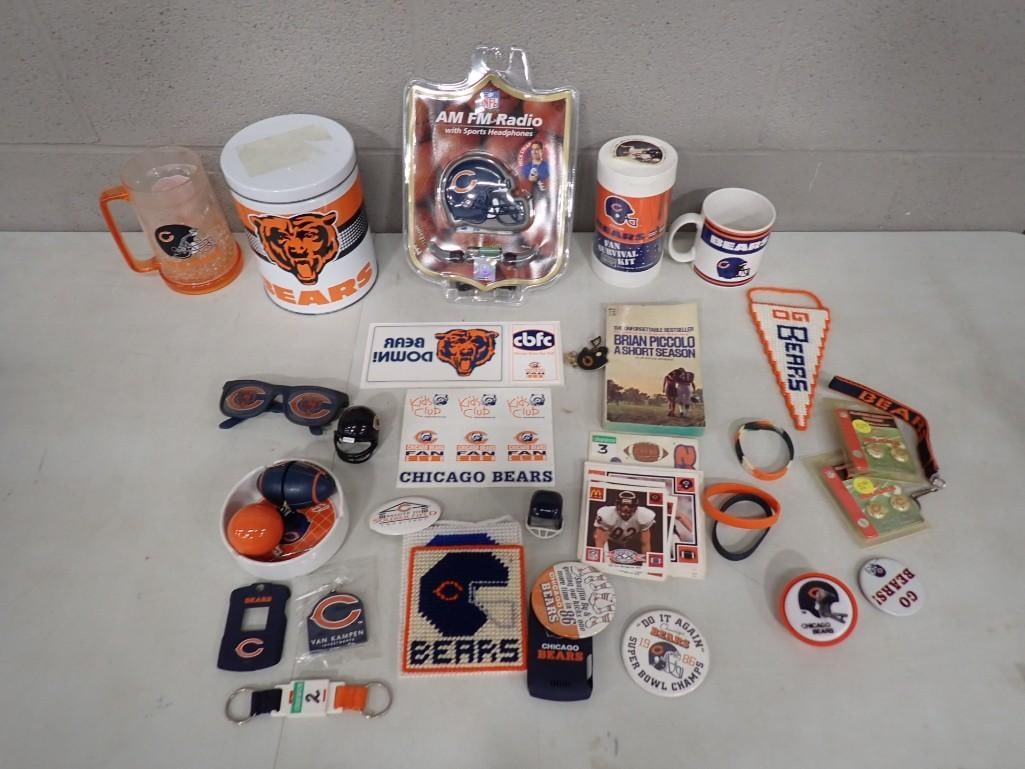 Chicago Bears Collectibles incl NFL AM FM Radio, Sunglasses, Buttons, McDonald's Cards, etc: Chicago Bears Collectibles incl NFL AM FM Radio, Sunglasses, Buttons, McDonald's Cards, etc All pictures are considered part of the description and should be examined carefully by bidders. Live