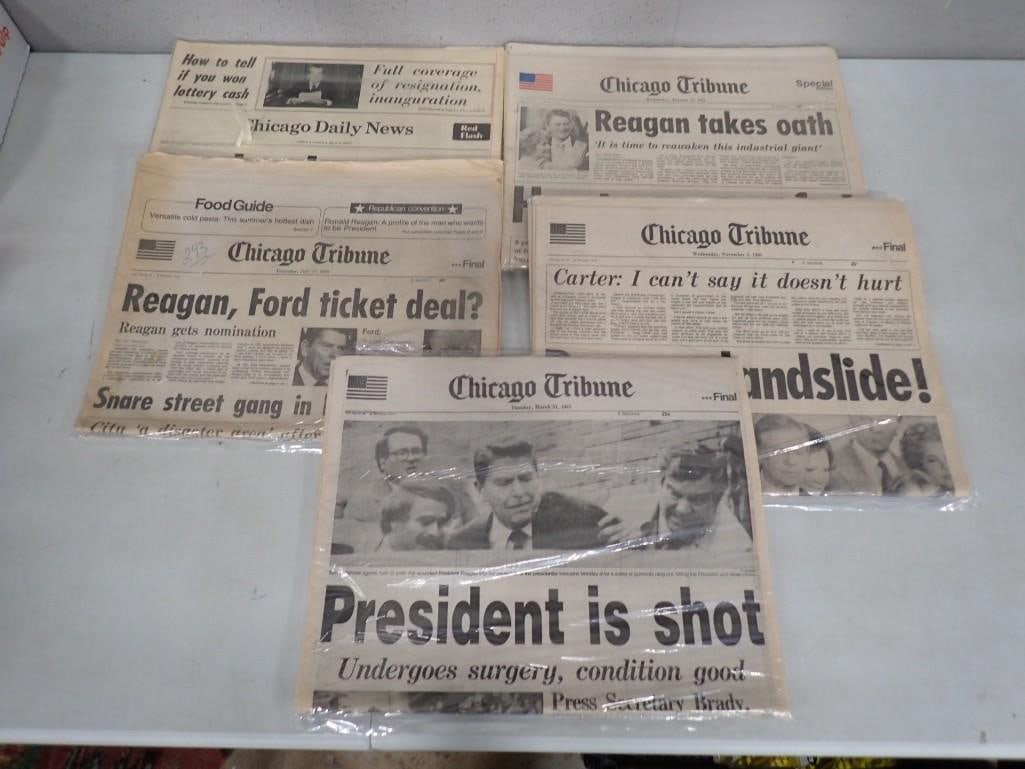 Lot of 5 Historic Newspapers Featuring Ronald Reagan: Lot of 5 Historic Newspapers Featuring Ronald Reagan including being shot, winning the presidency, taking oath, getting nominated, etc. All pictures are considered part of the description and should b