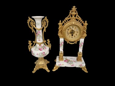 Antique Clock with Matching Vase Porcelain and Ornate Metal