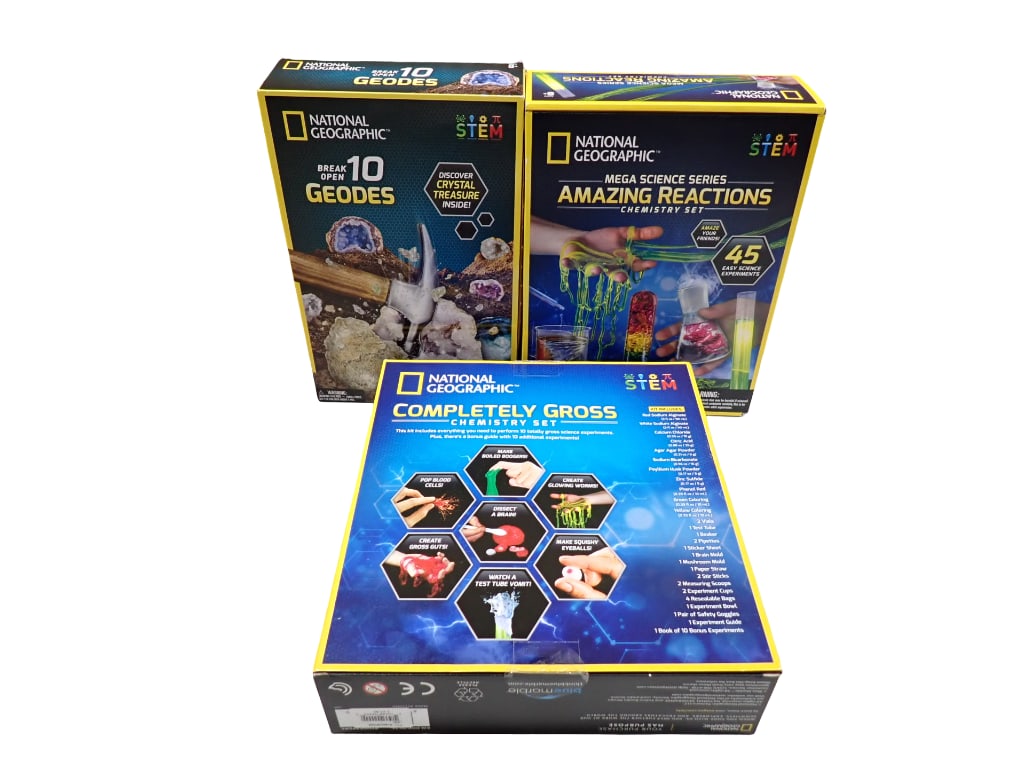 National Geographic STEM Sets incl Completely Gross Chemistry Set, Break Open 10 Geodes,: National Geographic STEM Sets incl Completely Gross Chemistry Set, Break Open 10 Geodes, Mega Science Series Amazing Reactions Chemistry Set All pictures are considered part of the description and sho