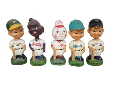 5 Vintage Chalkware Bobble Heads including Colorado Rockies, Florida Marlins, Atlanta Braves, Cinc
