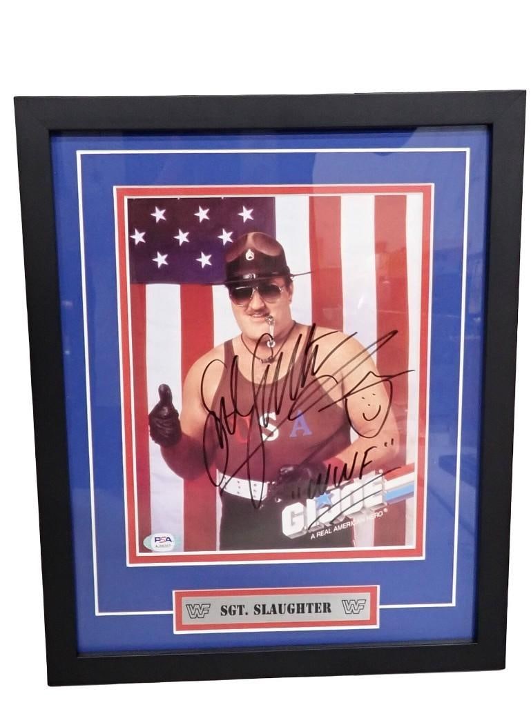WCW/WWE Wrestling Sgt. Slaughter Autographed Framed Picture with PSA COA - Measures roughly 15x12": WCW/WWE WWF Wrestling Sgt. Slaughter Autographed Framed Picture with PSA COA - Measures roughly 15x12" All pictures are considered part of the description and should be examined carefully by bidders. 