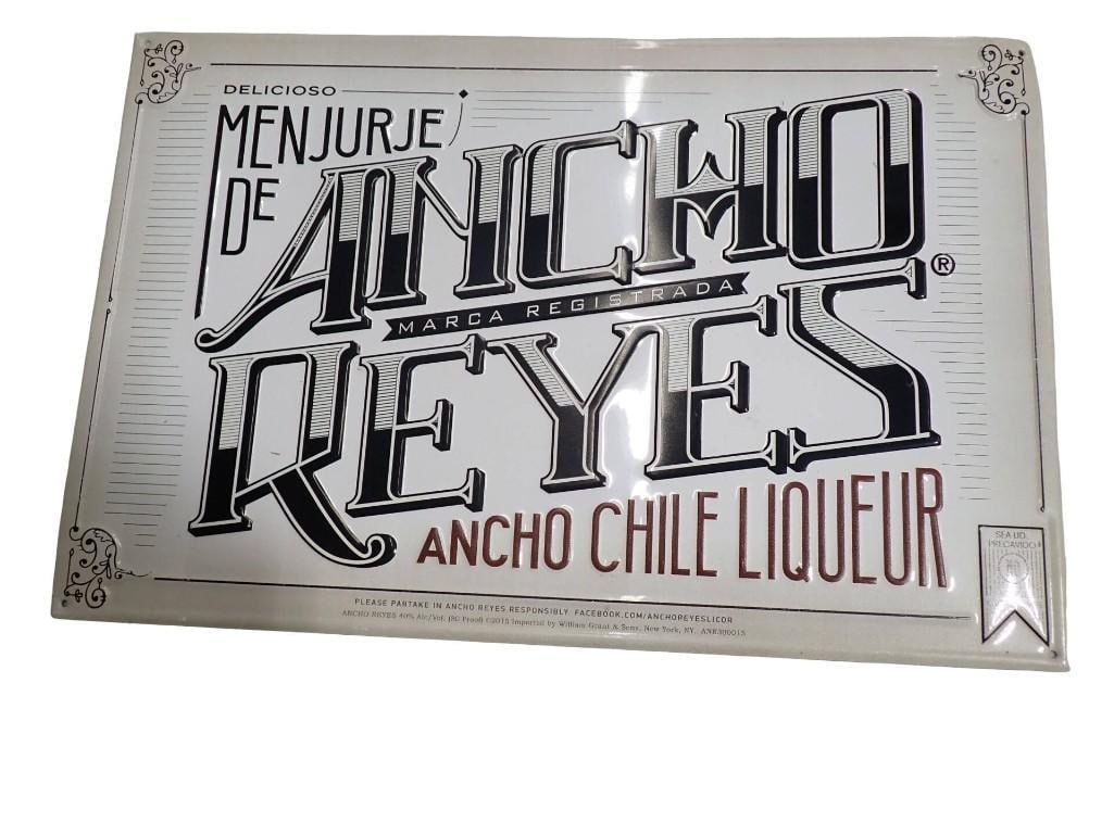 Menjurje De Ancho Reyes Ancho Chile Liqueur Embossed Metal Bar Sign: Menjurje De Ancho Reyes Ancho Chile Liqueur Embossed Metal Bar Sign - Measures roughly 12x14 All pictures are considered part of the description and should be examined carefully by bidders. Live Aucti