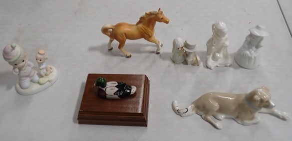 Figurine Lot, etc. Including Horse, Precious Moments, Dog (repaired tail), Mallard Playing Card Case