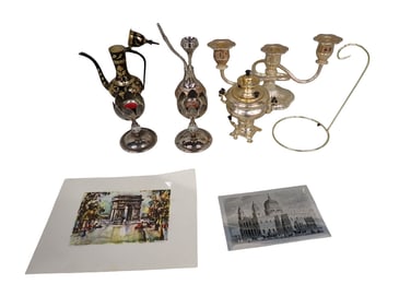 Misc Lot including Metal / Brass - Hookah, Tea Pot, Art Prints, Candle Holders, etc.