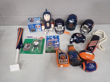 Chicago Bears Lot including Starting Lineup, Headliners, Coozies, Flag, Phone, Mini Helmets, etc