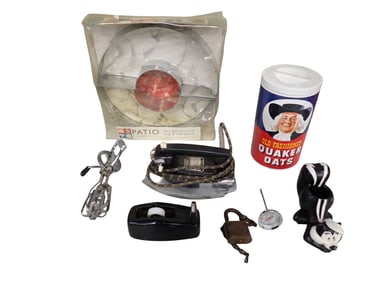 Collectibles incl Pepe La Pew Pencil Holder, Quaker Oats Cookie Jar, Vintage Iron,
