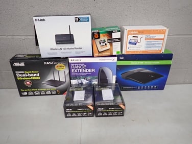 Electronics incl Belkin Range Extender, Routers, AMD Athlon 64 Processor, Drive ERazer