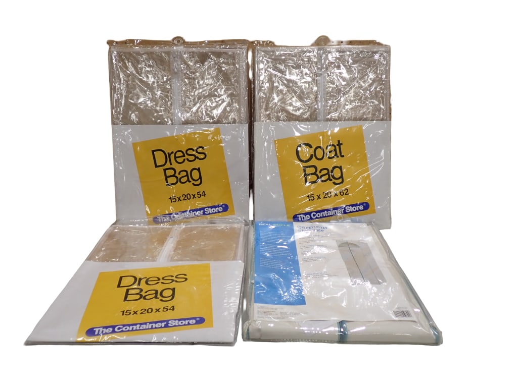 Lot of Garment Storage incl 2 Dress Bags, 1 Coat Bag, and a Garment Storage Bag All New in Package: Lot of Garment Storage incl 2 Dress Bags, 1 Coat Bag, and a Garment Storage Bag All New in Package All pictures are considered part of the description and should be examined carefully by bidders. Live