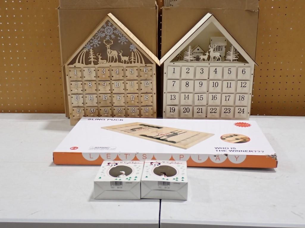 Collectibles Etc incl Sling Puck Game, Disney Christmas Ornaments, 2 Wood Advent Calendars (1 of 11)