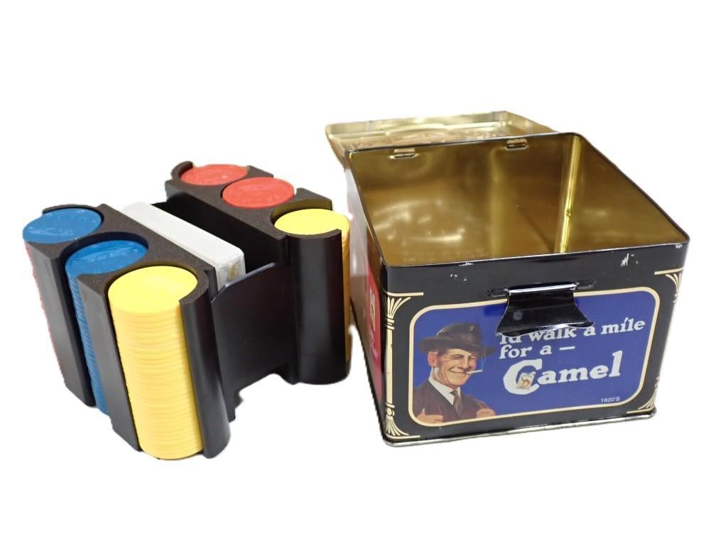 Vintage 80th Anniversary Camel Cigarettes Poker Chip Set with Tin from 1993: Vintage 80th Anniversary Camel Cigarettes Poker Chip Set with Tin from 1993 All pictures are considered part of the description and should be examined carefully by bidders. Live Auctioneers is now off